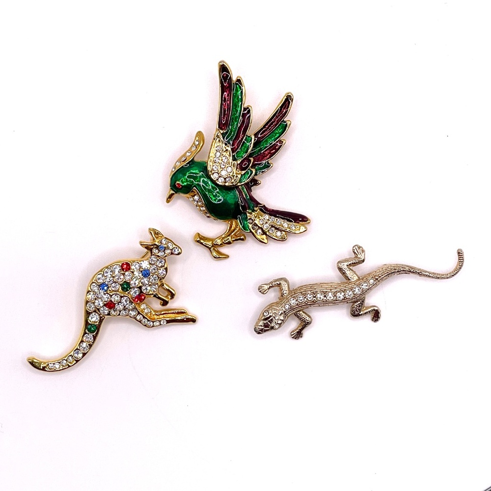 Vintage Figural Brooch Lot of 3 Hummingbird Kangaroo Lizard
